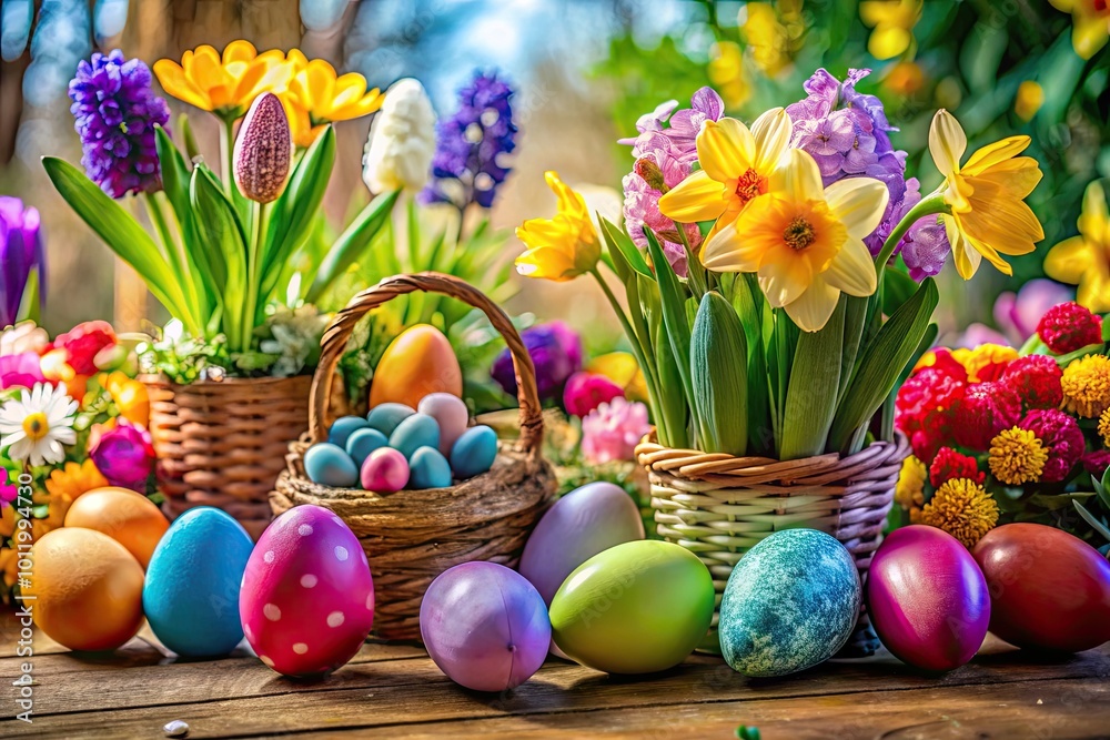 Colorful Easter Eggs and Spring Flowers Celebrating a Joyful Easter Holiday in 2024 Decor Scene Colorful Easter Eggs and Spring Flowers Celebrating a Joyful Easter Holiday in 2024 Decor Scene
