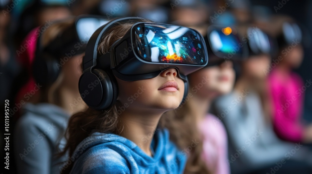A young girl wearing VR headset, with others in background, experiencing virtual reality. A young girl wearing VR headset, with others in background, experiencing virtual reality.