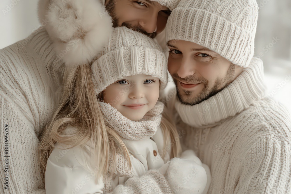 Photography of a family in winter wear, standing close together in a bright, minimal studio setting with soft neutral tones, natural light creating a soft glow Photography of a family in winter wear, standing close together in a bright, minimal studio setting with soft neutral tones, natural light creating a soft glow
