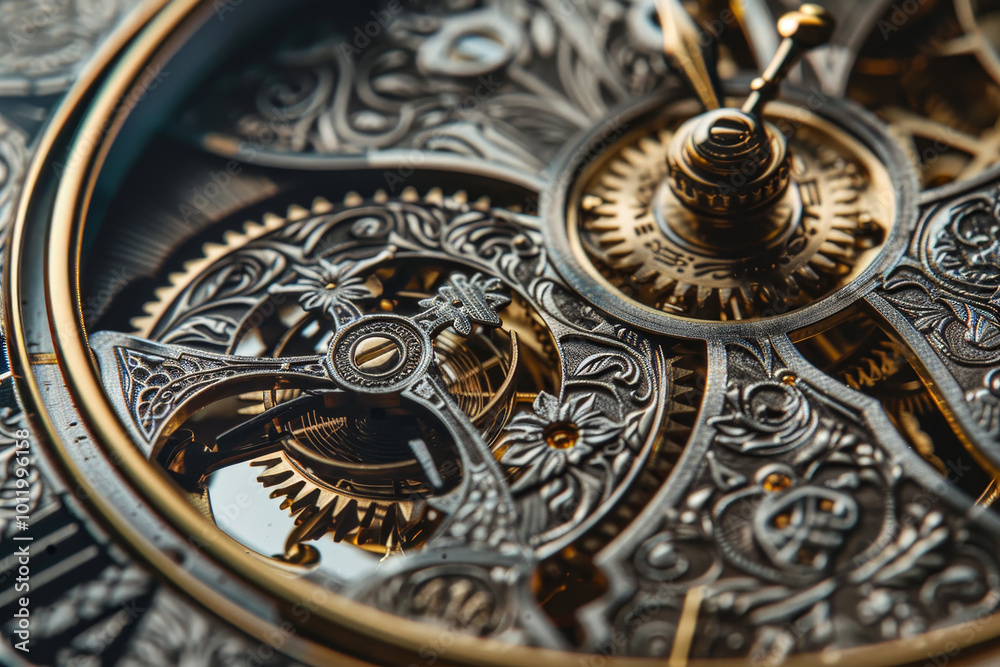 Obraz premium A close up of a clock with a gold and silver design