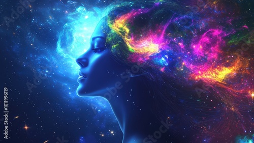 A vibrant portrayal of cosmic thoughts and dreams emanating from a silhouette.