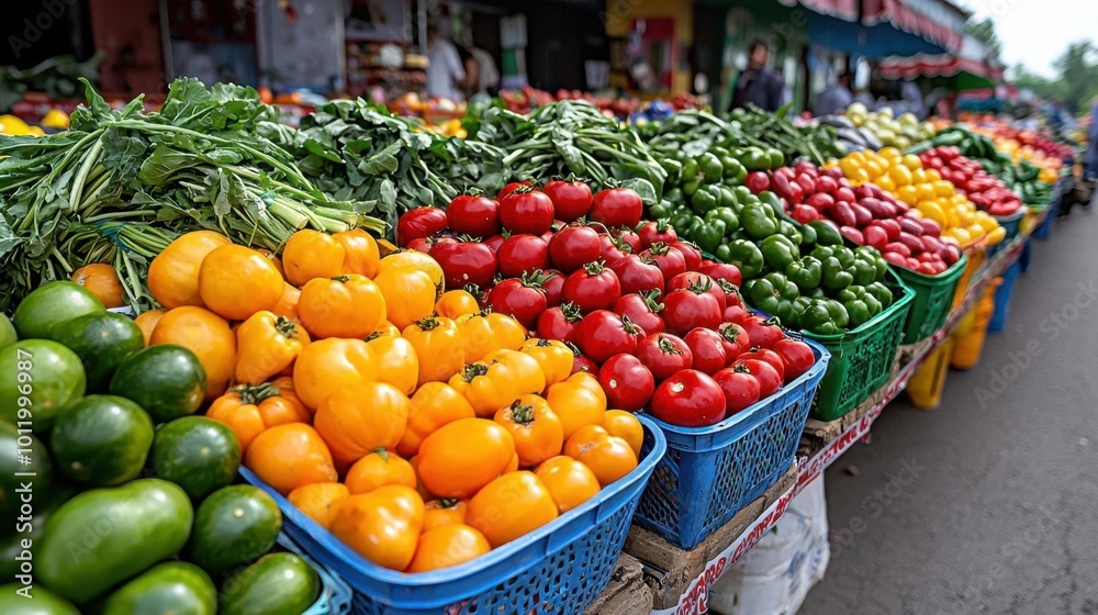 A photostock image of a vibrant marketplace with fresh fruits and vegetables displayed in colorful baskets A photostock image of a vibrant marketplace with fresh fruits and vegetables displayed in colorful baskets