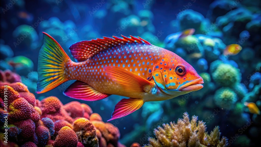 Fototapeta premium Colorful foxfish swimming gracefully in a vibrant coral reef ecosystem beneath the ocean waves