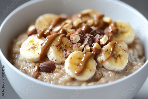 bowl of oatmeal topped with caramelized bananas, chopped hazelnuts, almond butter drizzle, and cocoa nibs