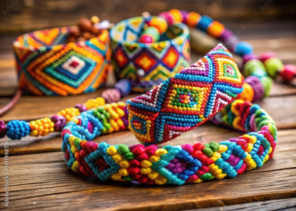 Colorful friendship bracelets with beads on a wooden background showcasing craft and creativity Colorful friendship bracelets with beads on a wooden background showcasing craft and creativity