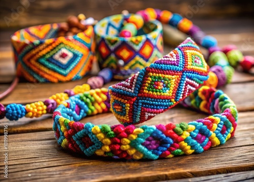 Colorful friendship bracelets with beads on a wooden background showcasing craft and creativity