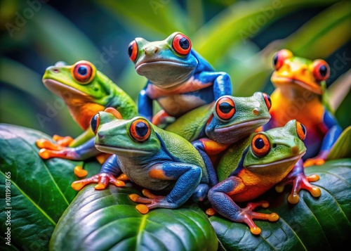 Colorful Frogs in a Unique Frog-Marching Formation on a Leafy Background in Nature's Habitat