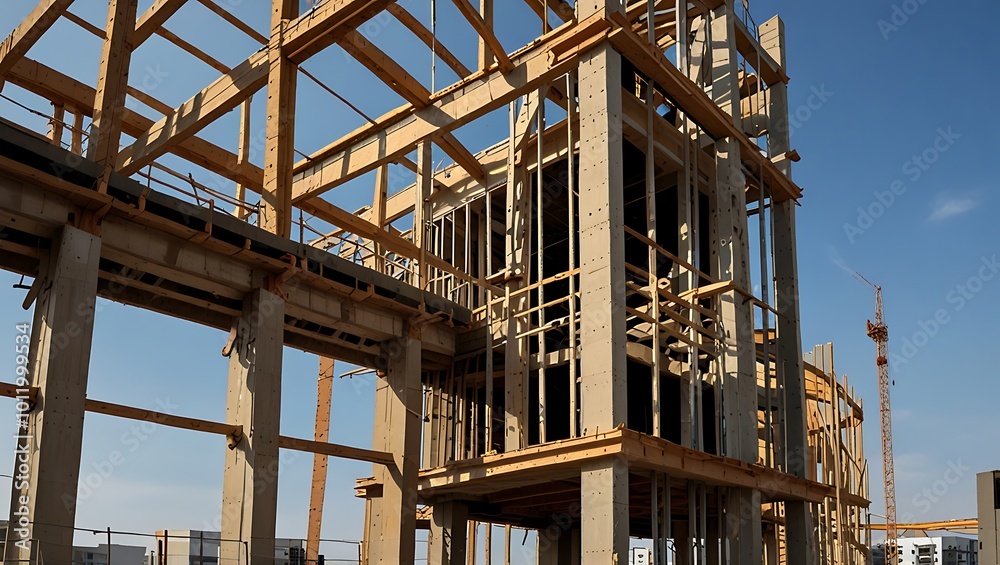 Building Construction with Concrete Pillars and Wooden Beams Building Construction with Concrete Pillars and Wooden Beams