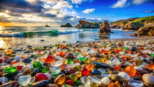 Colorful Glass Beach in Fort Bragg, California with Unique Sea Glass Treasures on the Shoreline photo