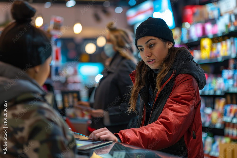 A woman in a red jacket is looking at a computer screen at a store A woman in a red jacket is looking at a computer screen at a store