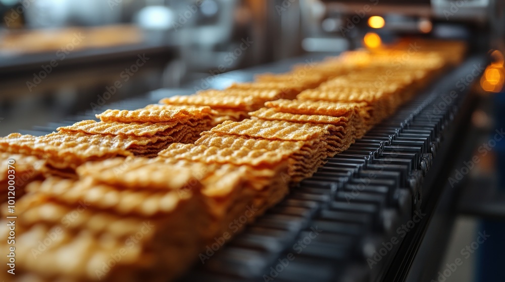 Close-up of a conveyor belt in a food processing factory, with stacks of dried noodle sheets. Close-up of a conveyor belt in a food processing factory, with stacks of dried noodle sheets.