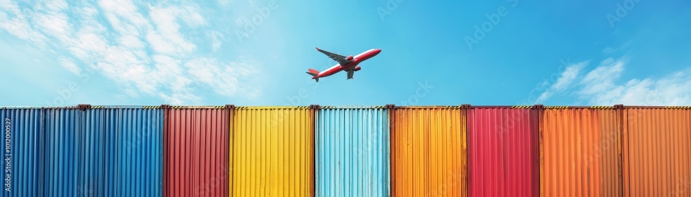 Airplane flying over colorful shipping containers, bright blue sky background.