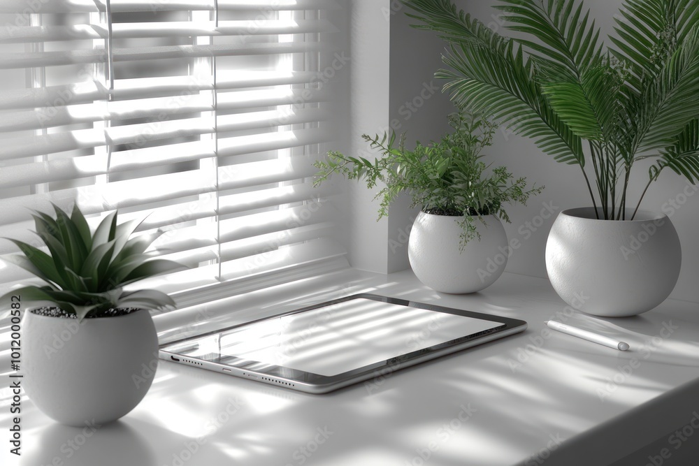 A white tablet with a stylus lies on a windowsill with three potted plants and sunlight streaming through the blinds. A white tablet with a stylus lies on a windowsill with three potted plants and sunlight streaming through the blinds.