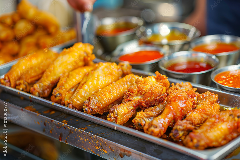 A tray of fried chicken is displayed with a variety of dipping sauces A tray of fried chicken is displayed with a variety of dipping sauces