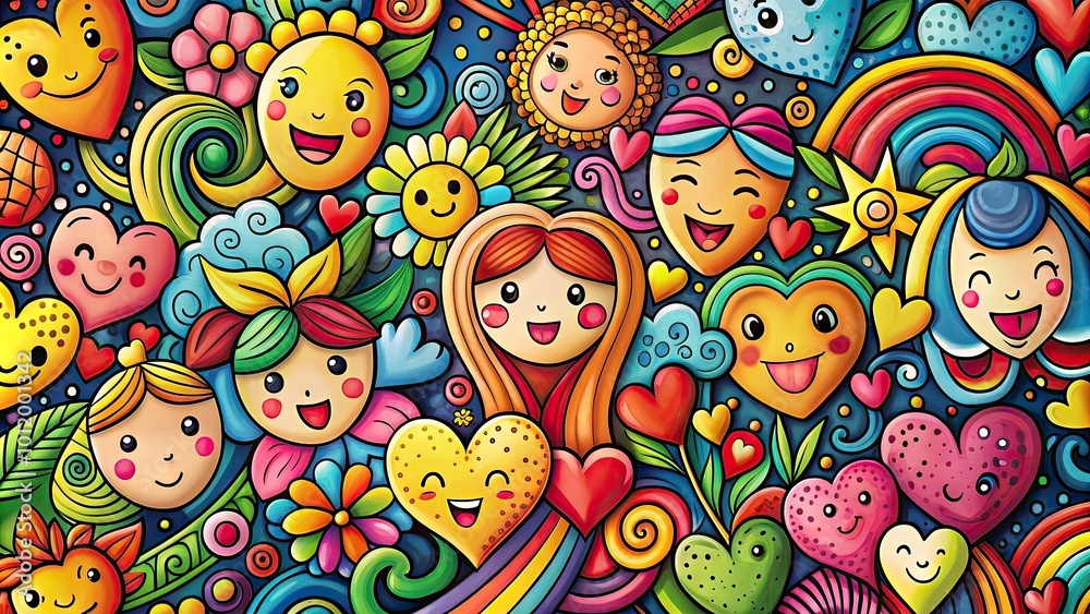 Colorful Happy Doodle Design Featuring Smiling Faces, Hearts, and Joyful Elements for Cheerful Vibes Colorful Happy Doodle Design Featuring Smiling Faces, Hearts, and Joyful Elements for Cheerful Vibes