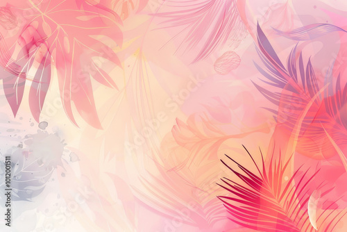 A pink background with a lot of leaves and flowers