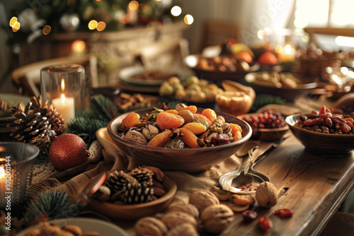 A table is covered with a variety of food, including a bowl of fruit and nuts