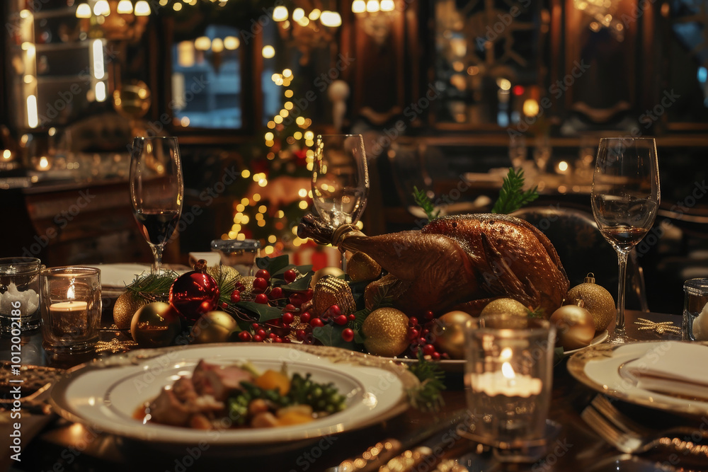 A table with a large turkey and a Christmas tree A table with a large turkey and a Christmas tree