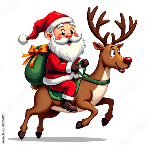 Happy Santa Claus is riding reindeer, an illustration, suitable for t-shirts or gift cards, is isolated on a white background.