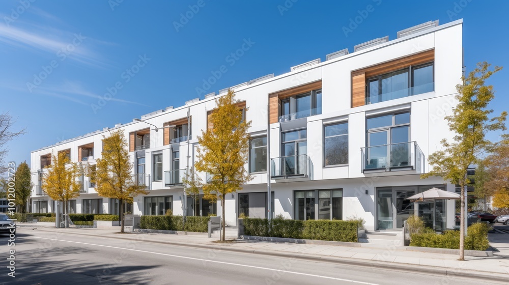 Modern urban townhouses featuring solar panels on roofs amidst bright sunlight and gray roofs Modern urban townhouses featuring solar panels on roofs amidst bright sunlight and gray roofs