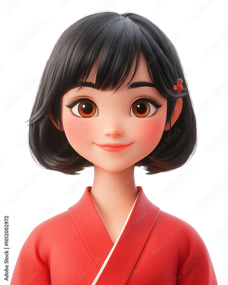 cartoon character teen woman wearing Red Kimono isolated on transparent background cartoon character teen woman wearing Red Kimono isolated on transparent background