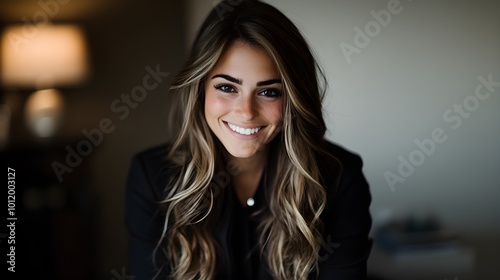 Portrait of a smiling woman with long hair in a cozy indoor setting, wearing black, warm lighting, friendly and inviting atmosphere. Free Download Portrait of a smiling woman with long hair in a cozy indoor setting, wearing black, warm lighting, friendly and inviting atmosphere. - GFXLoad