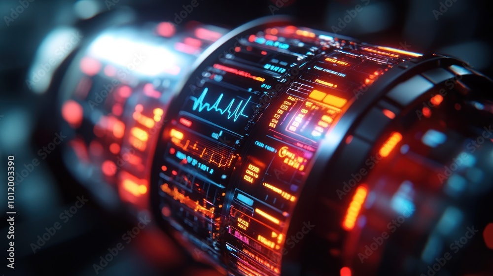 Close-up of a futuristic, cylindrical, tech-infused interface with red and blue glowing data streams and a prominent heartbeat monitor. Close-up of a futuristic, cylindrical, tech-infused interface with red and blue glowing data streams and a prominent heartbeat monitor.