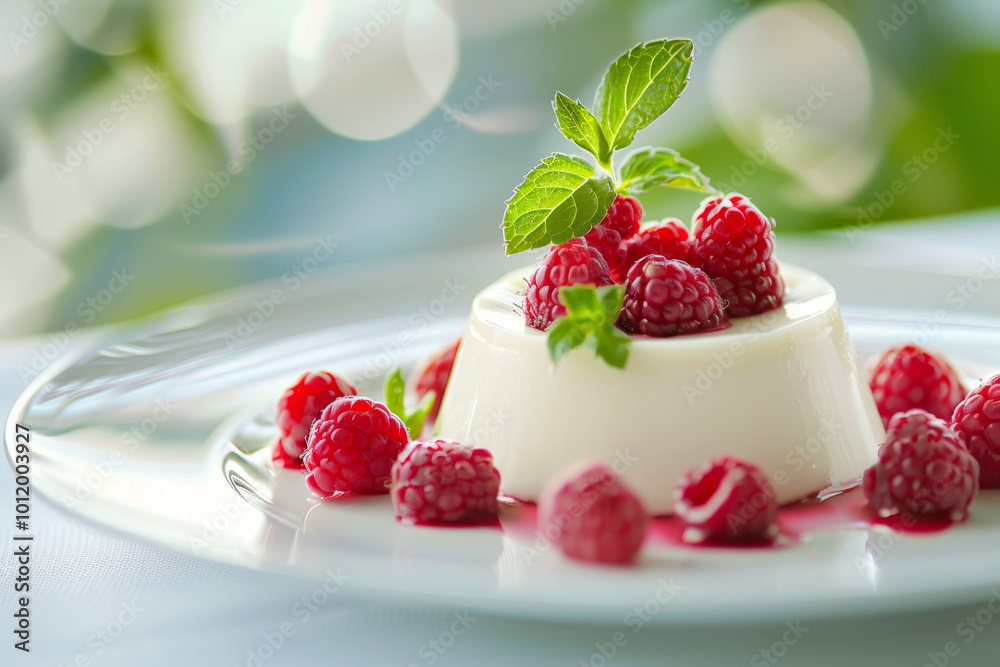 A white plate with a raspberry cheesecake and a few raspberries on top A white plate with a raspberry cheesecake and a few raspberries on top