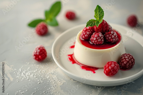 A white plate with a raspberry cheesecake and a few raspberries on the side