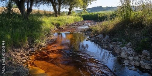 Agricultural runoff polluting a onceclear stream, chemical pollution, water contamination photo