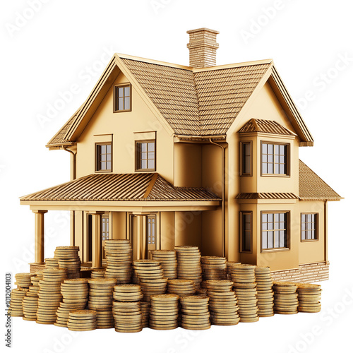 A golden house model with piles of coins isolated on transparent background photo