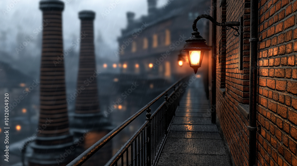 A detailed portrayal of Chimney Town, featuring industrial chimneys of varying heights scattered across the landscape. The town is built tightly around the chimneys, with narrow st