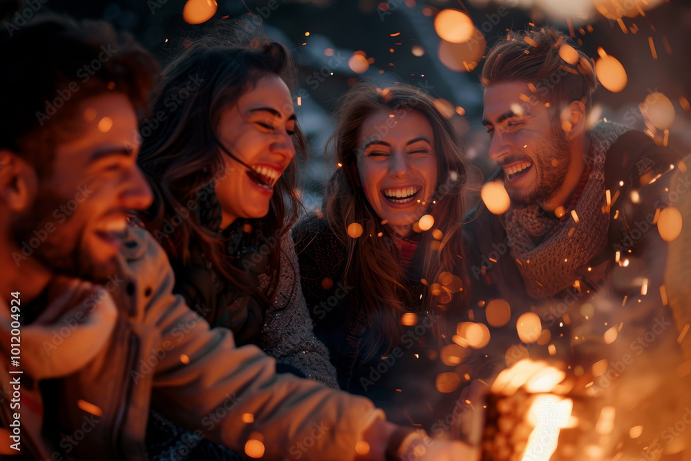 A group of people are sitting around a fire, laughing A group of people are sitting around a fire, laughing
