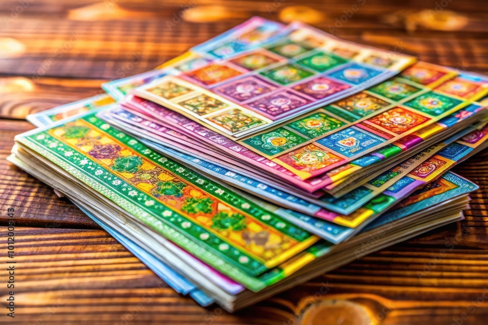 Colorful lottery tickets stacked on a wooden table with a blurred background and lucky charm elements Colorful lottery tickets stacked on a wooden table with a blurred background and lucky charm elements