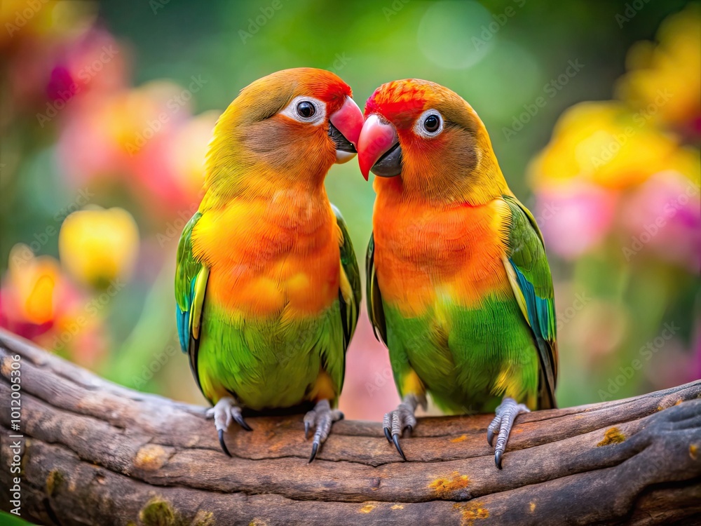 Colorful lovebirds perched together in a romantic setting showcasing affection and companionship
