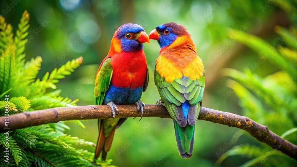 Colorful Love Birds Perched Together on a Branch in a Lush Green Environment Capturing Affection Colorful Love Birds Perched Together on a Branch in a Lush Green Environment Capturing Affection