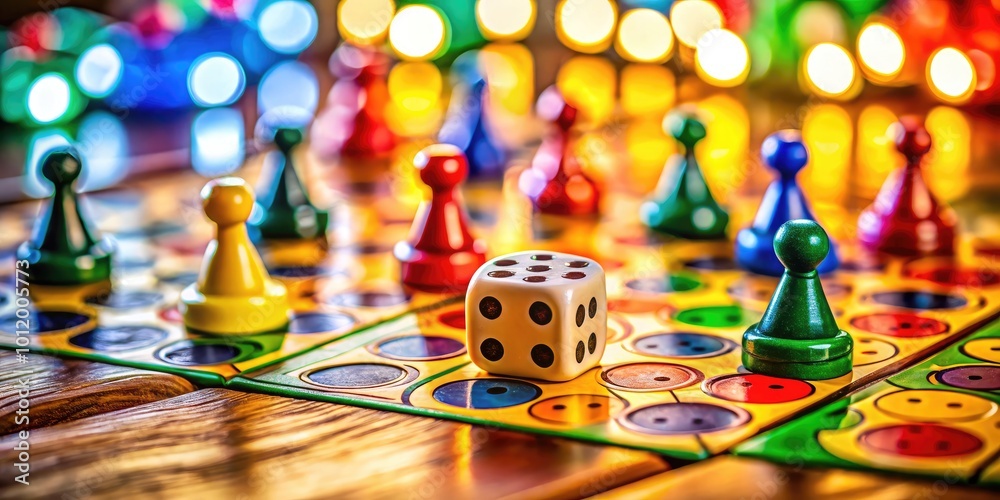 Fototapeta premium Colorful Ludo Game Board with Dice and Player Tokens on a Wooden Table for Fun Family Game Night