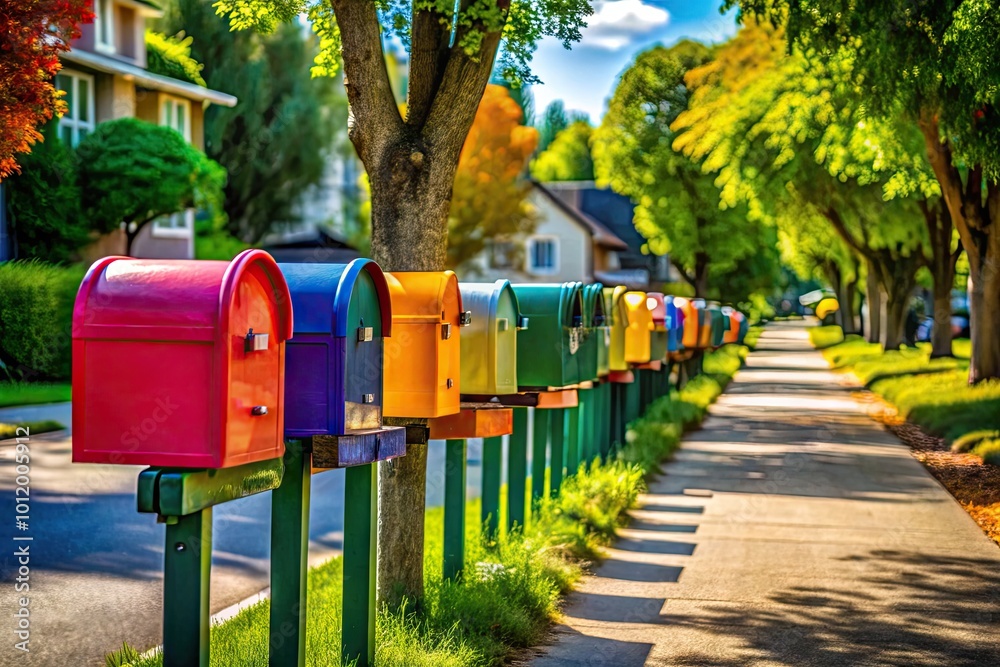 Colorful mailboxes lined up on a suburban street, showcasing unique designs and vibrant hues Colorful mailboxes lined up on a suburban street, showcasing unique designs and vibrant hues