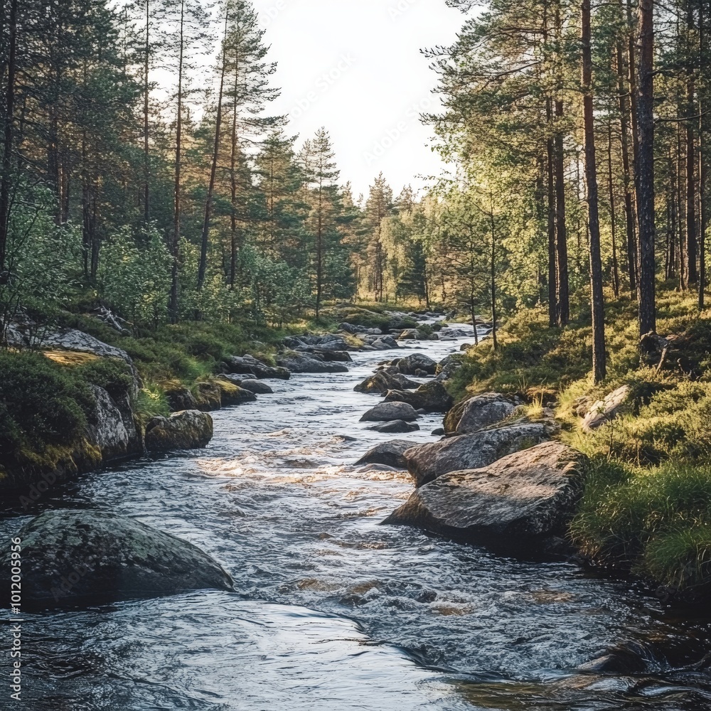 Scenic River Flowing Through a Forest with Beautiful Natural Surroundings Scenic River Flowing Through a Forest with Beautiful Natural Surroundings