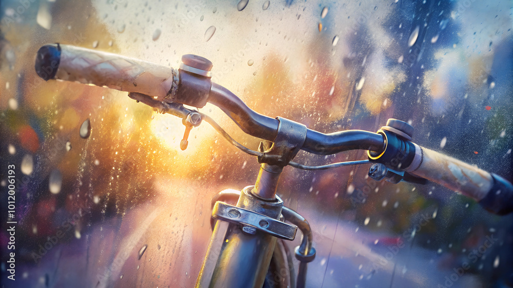 Bicycle handlebar with raindrops at sunset - dreamy autumn scene Bicycle handlebar with raindrops at sunset - dreamy autumn scene