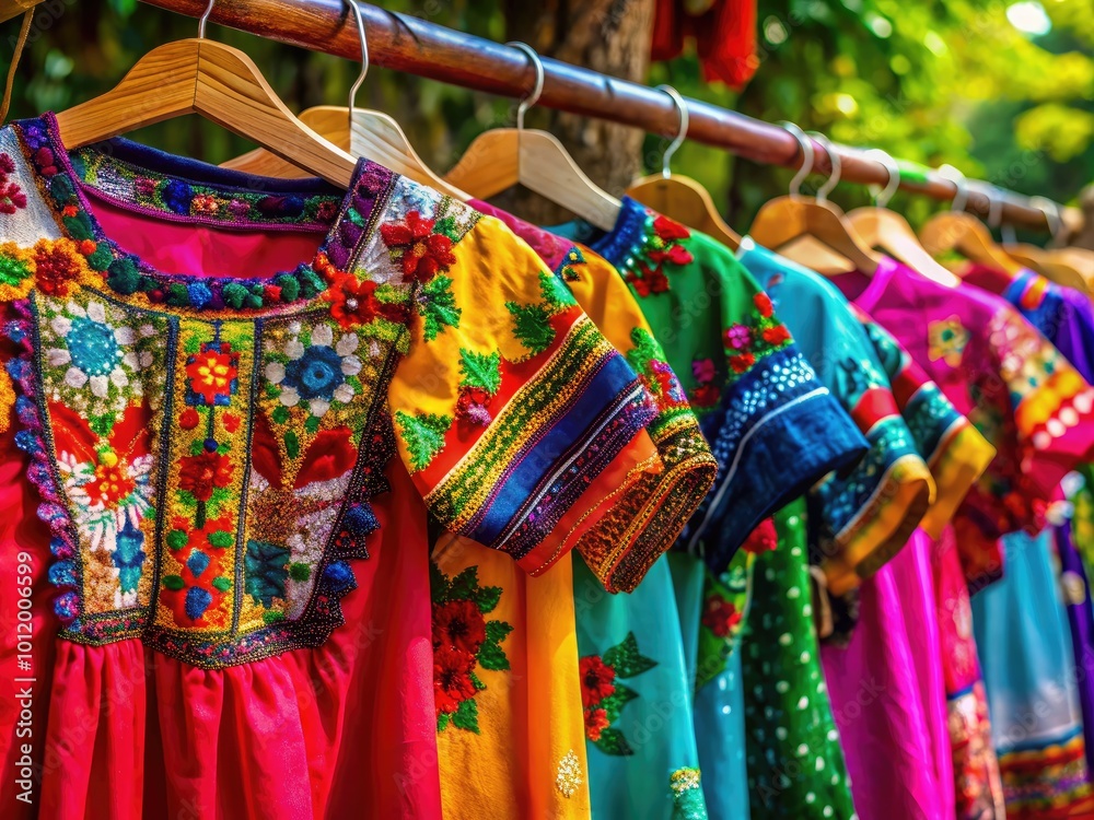 Colorful Mexican Blouses Displayed on Hangers Showcasing Traditional Embroidery and Vibrant Patterns Colorful Mexican Blouses Displayed on Hangers Showcasing Traditional Embroidery and Vibrant Patterns
