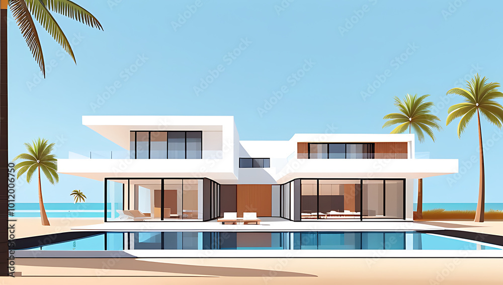 Fototapeta premium modern villa tropical sand beach among palm trees