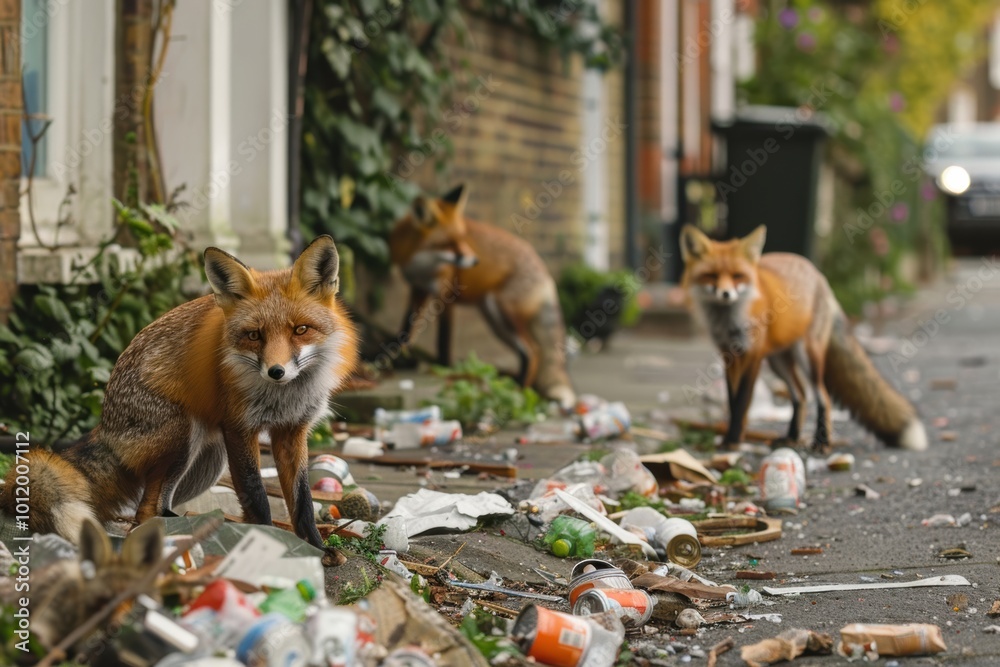 Fototapeta premium Foxes rummaging through trash in front of traditional English houses at night..