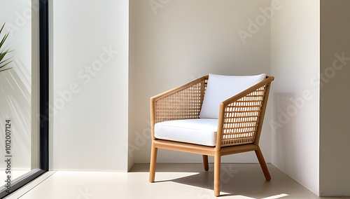 rattan chair rests window framed stucco wall