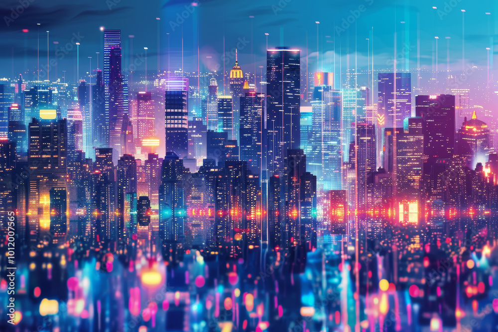Fototapeta premium A cityscape with neon lights and a reflection of the city in the water