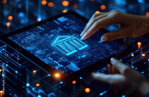 Digital interface displaying a bank icon with a hand interacting on a blue neon background, symbolizing modern banking technology and innovation.