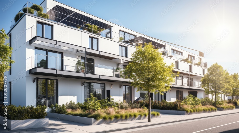 Contemporary townhouses with solar panels in urban landscape under bright sunlight Contemporary townhouses with solar panels in urban landscape under bright sunlight