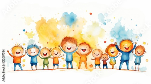 Joyful cartoon illustration of happy children jumping and holding hands on a bright white background