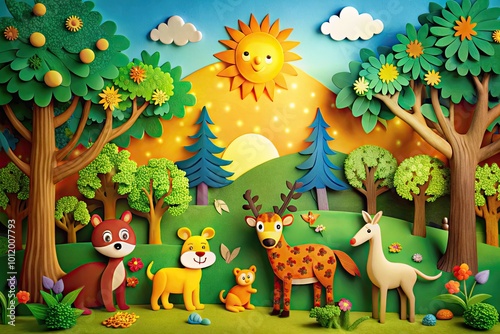 Colorful Paper Cartoon Illustration of a Playful Scene with Trees, Animals, and a Bright Sunlight