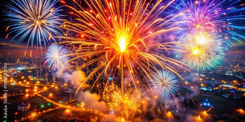 Fototapeta premium Colorful Petard Bursting in the Air During a Celebration with Sparks and Bright Explosions Visible